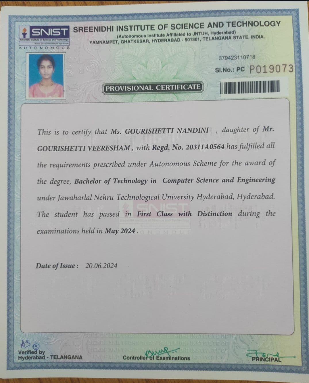 Gourishetti  graduated from Sreenidhi Institute of science and technology