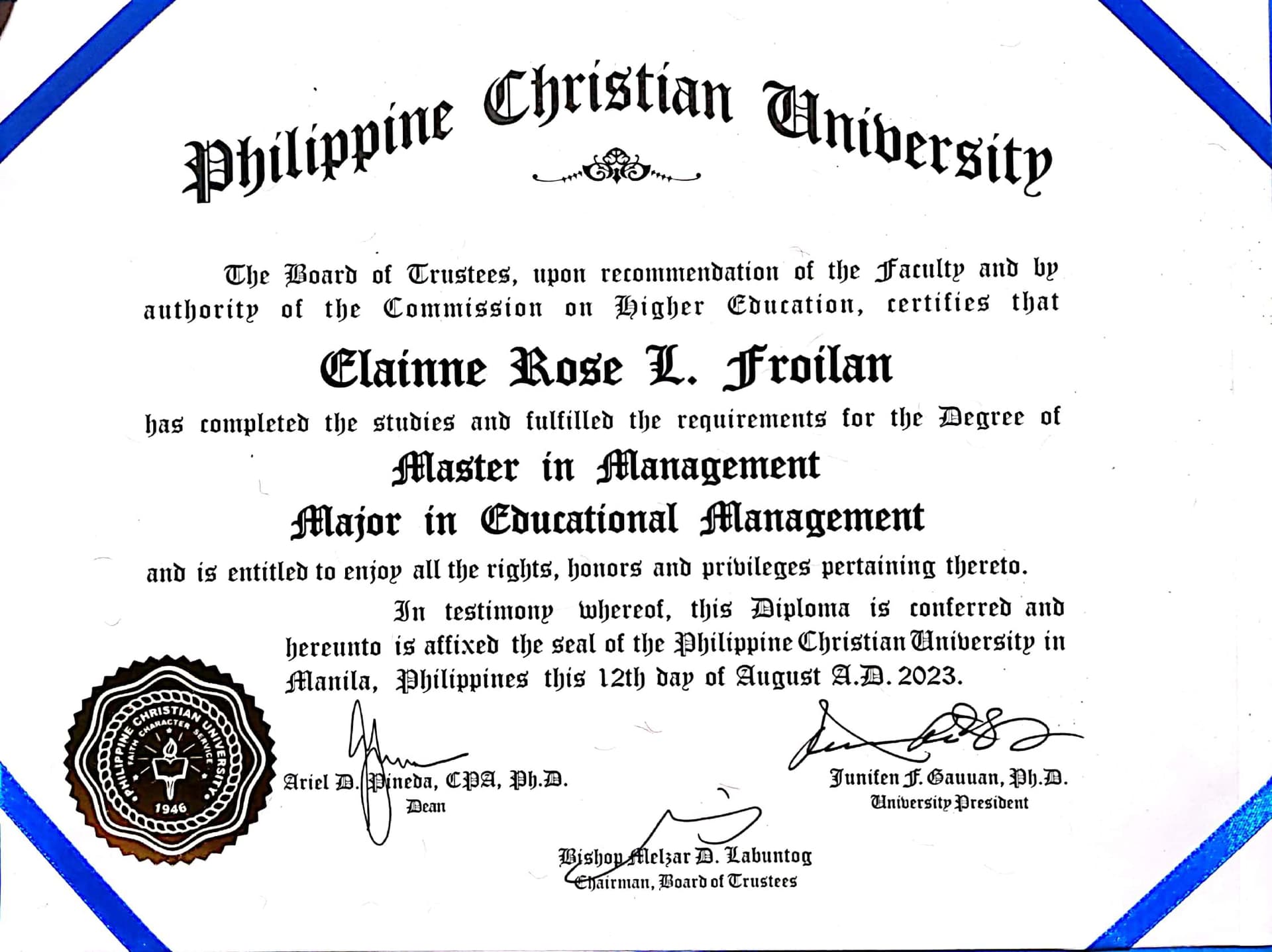 Elainne Rose graduated from PHILIPPINE CHRISTIAN UNIVERSITY