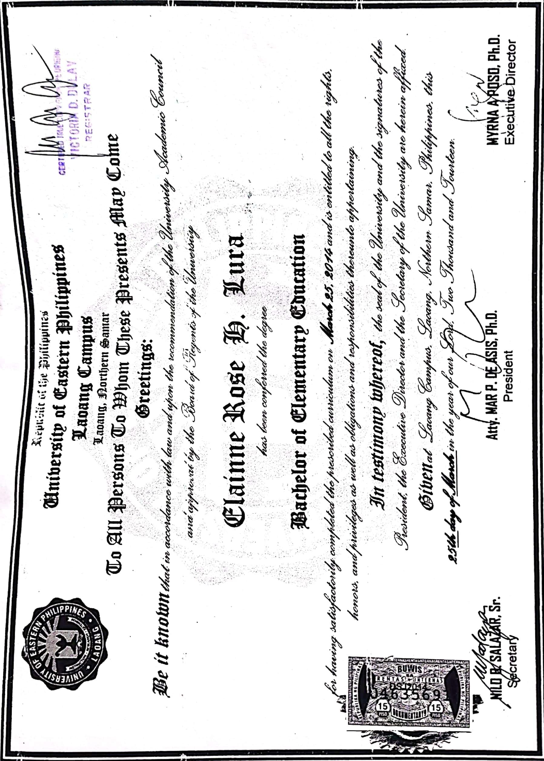 Elainne Rose graduated from PHILIPPINE CHRISTIAN UNIVERSITY
