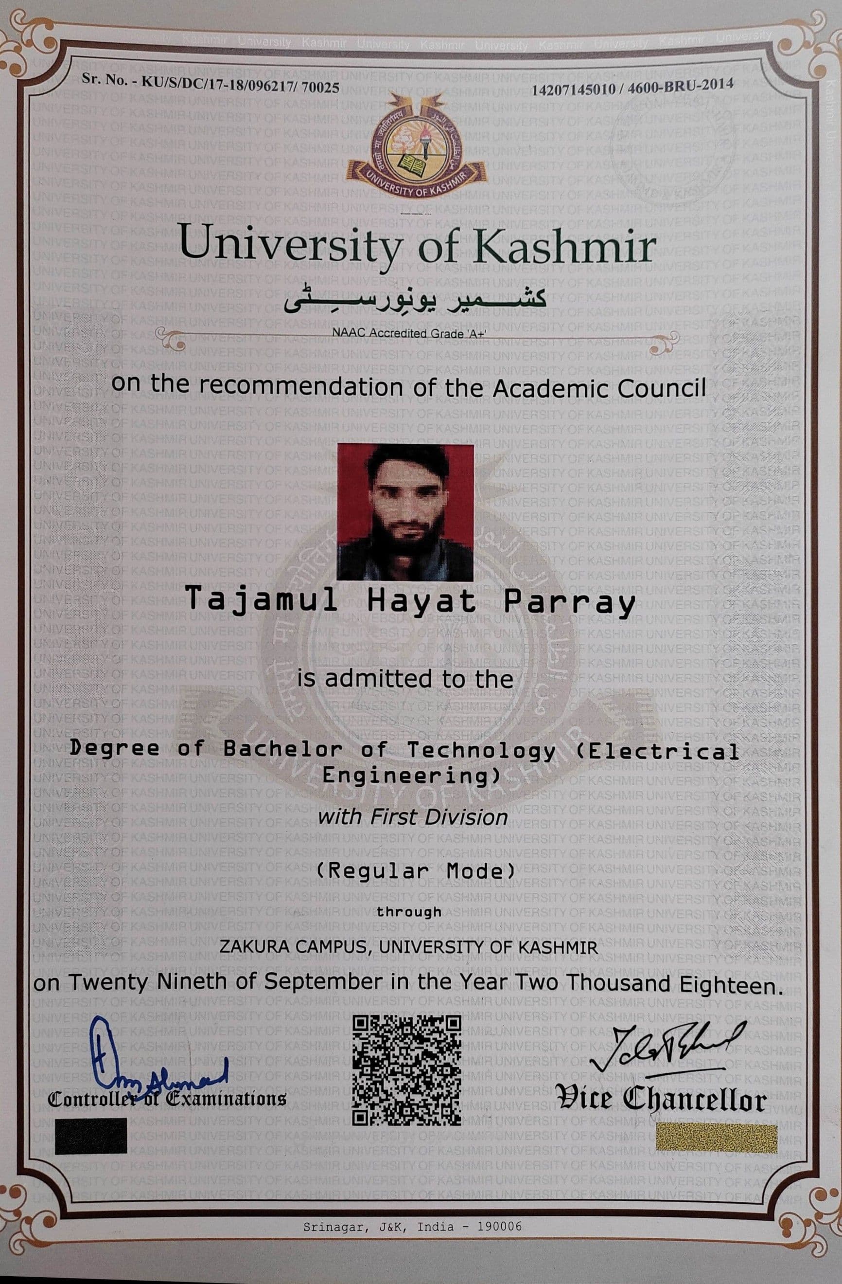 Tajamul  graduated from National institute of technology srinagar 