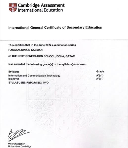 Verified degree or teaching certification of Hasaan 