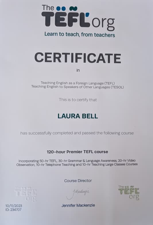 Verified degree or teaching certification of Laura 