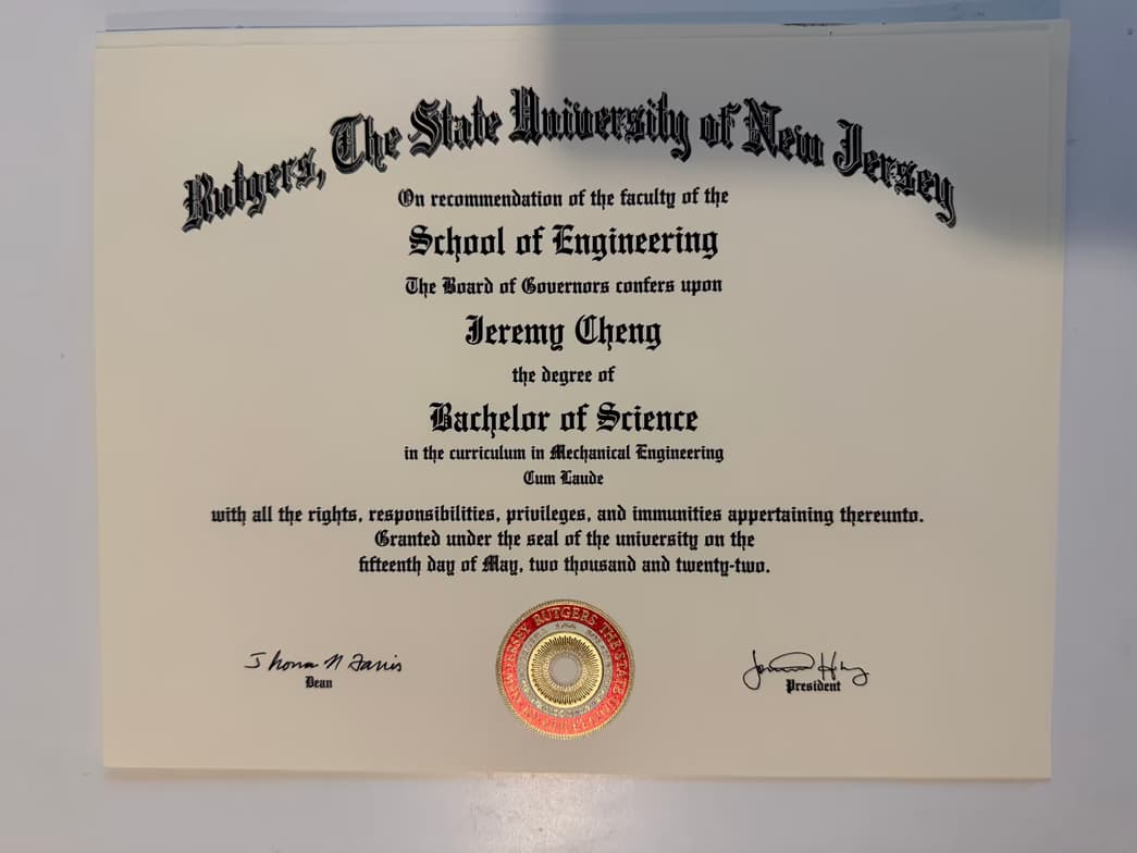 Verified degree or teaching certification of Jeremy 