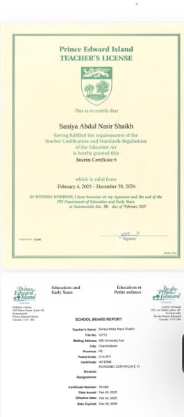 Verified degree or teaching certification of Saniya 