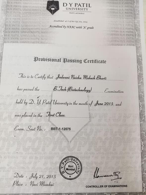 Verified degree or teaching certification of Naisha  