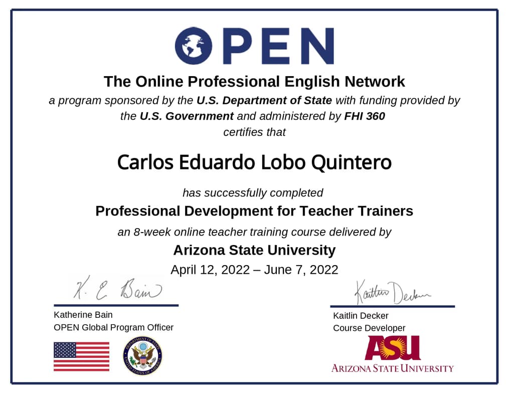 Verified degree or teaching certification of Carlos 