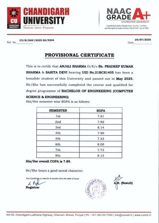 Verified degree or teaching certification of Anjali 