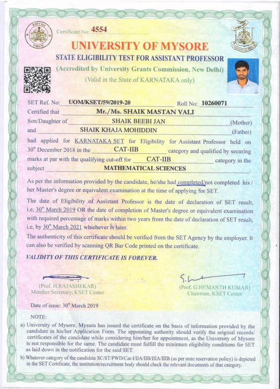 Verified degree or teaching certification of Shaik Mastan  