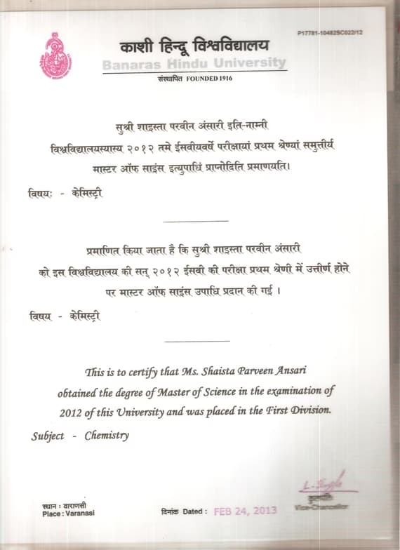 Verified degree or teaching certification of Shaista 