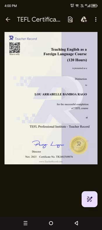 Verified degree or teaching certification of Lou Arrabelle 