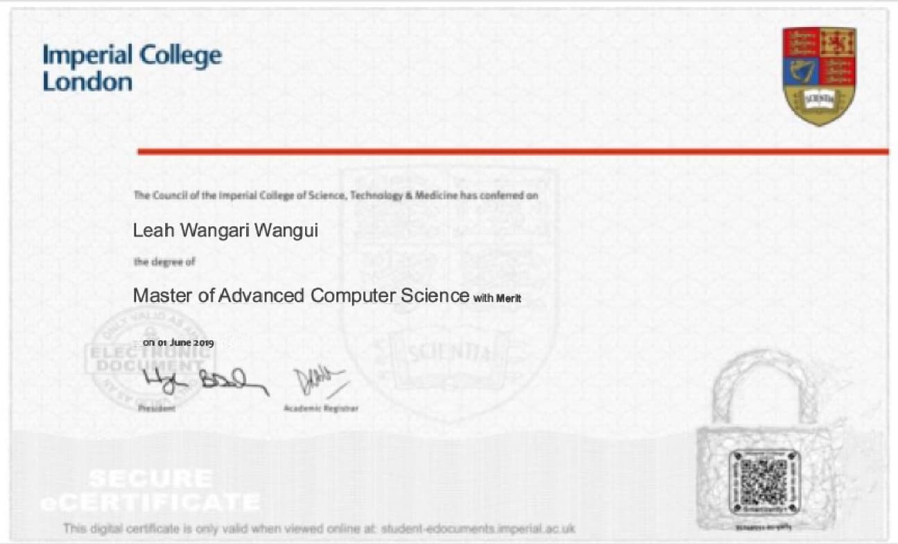 Verified degree or teaching certification of Leah 
