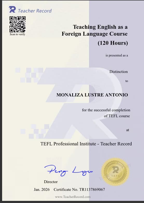 Verified degree or teaching certification of Monaliza  