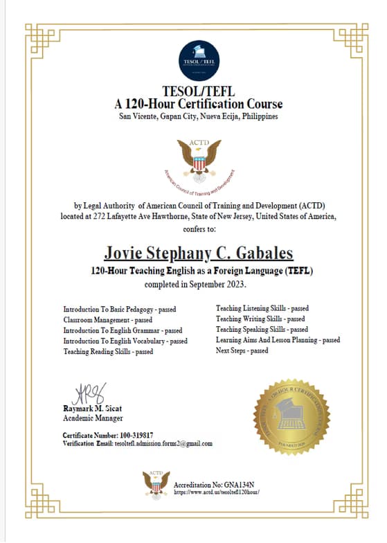 Verified degree or teaching certification of Jovie Stephany 