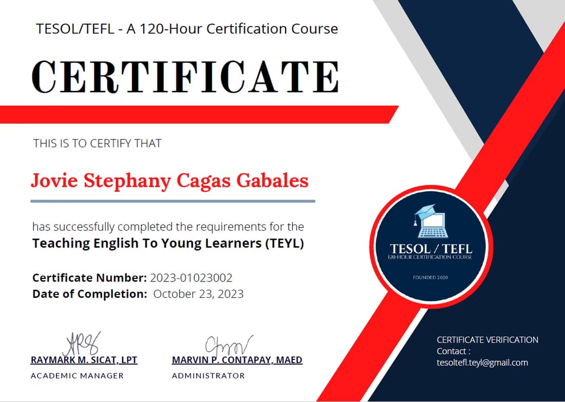 Verified degree or teaching certification of Jovie Stephany 