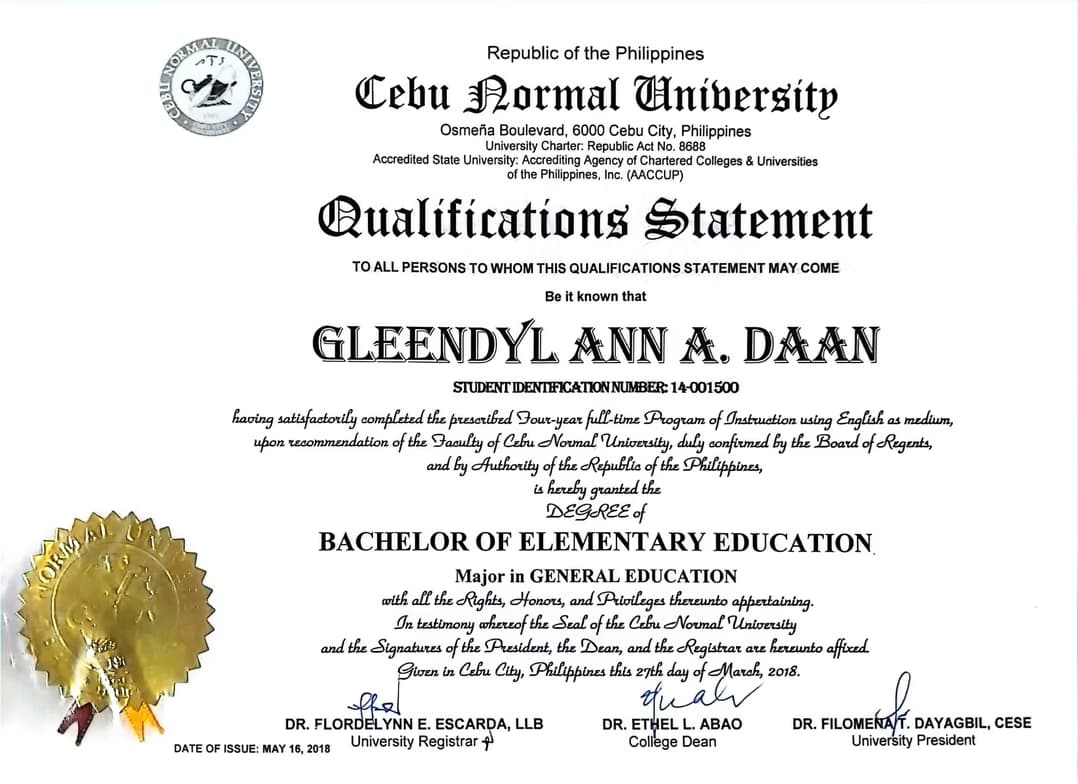 Verified degree or teaching certification of Gleendyl Ann 