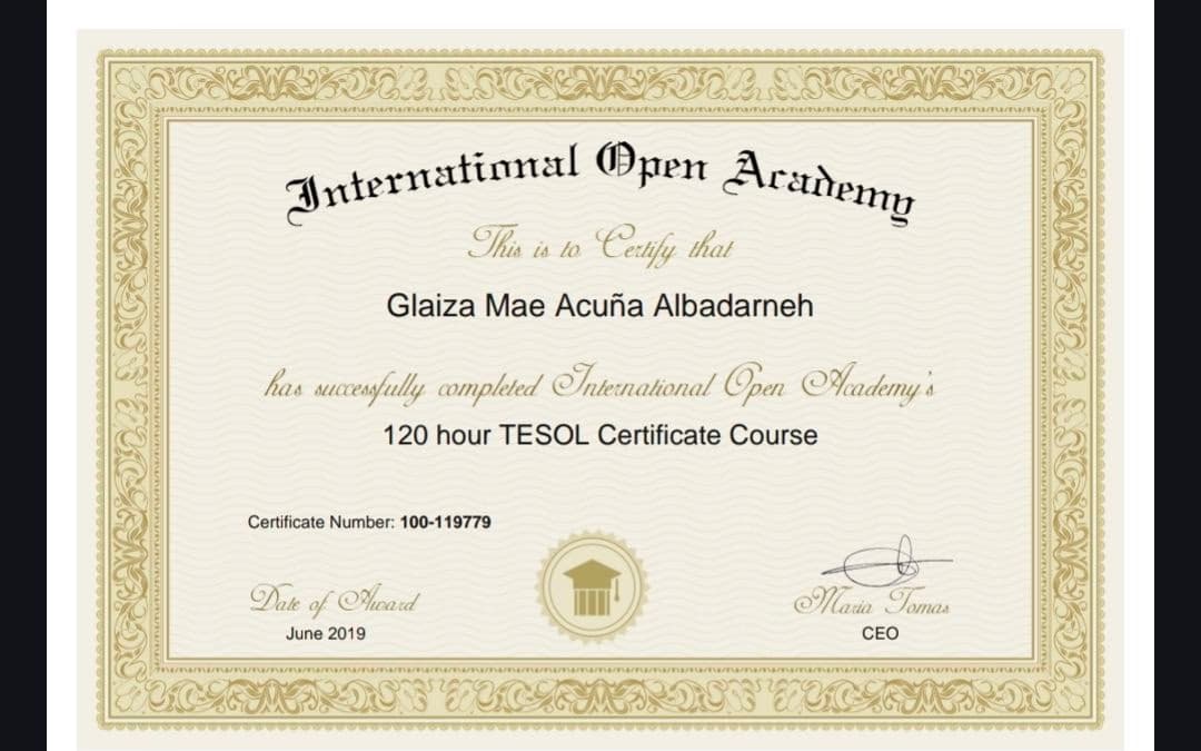 Verified degree or teaching certification of Glaiza  