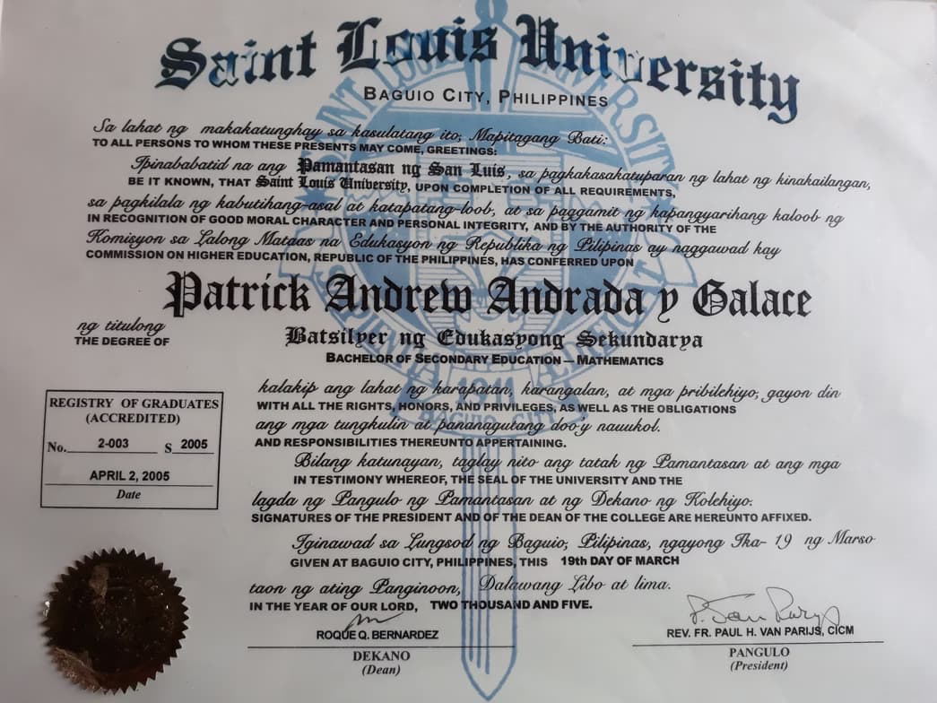 Verified degree or teaching certification of Patrick Andrew 