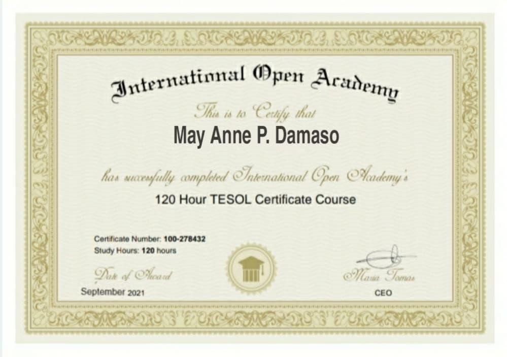 Verified degree or teaching certification of May Anne 