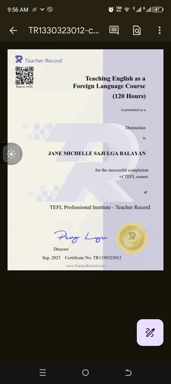 Verified degree or teaching certification of Jane Michelle 