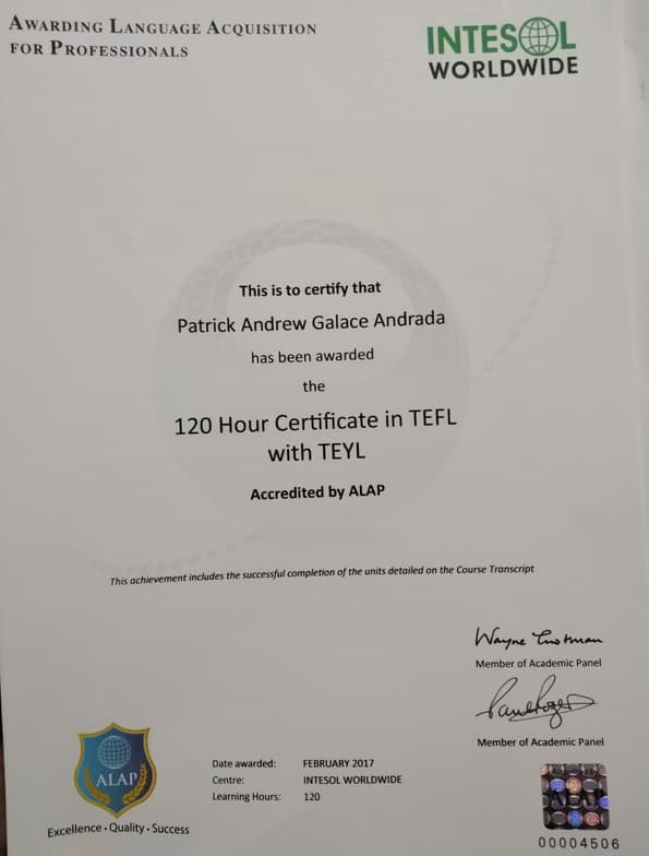 Verified degree or teaching certification of Patrick Andrew 