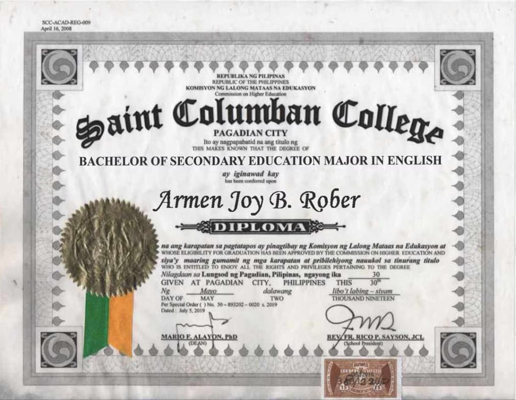 Verified degree or teaching certification of Armen Joy 