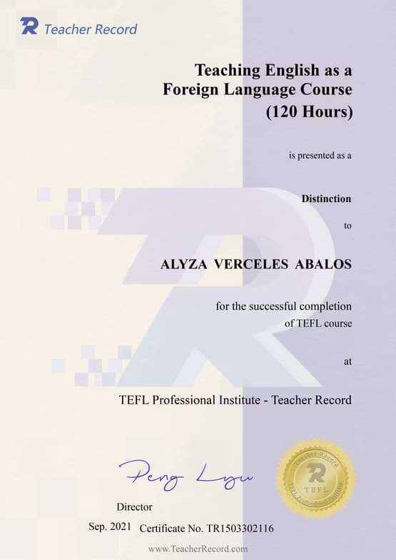 Verified degree or teaching certification of Alyza 