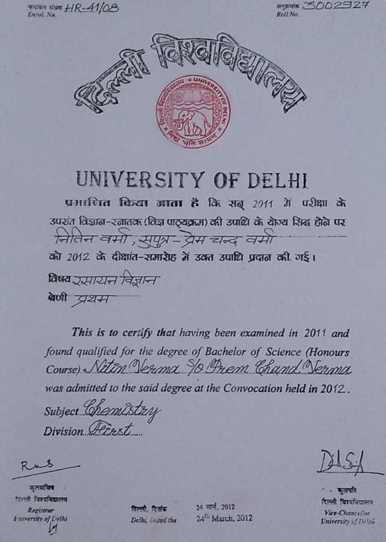 Verified degree or teaching certification of Nitin 