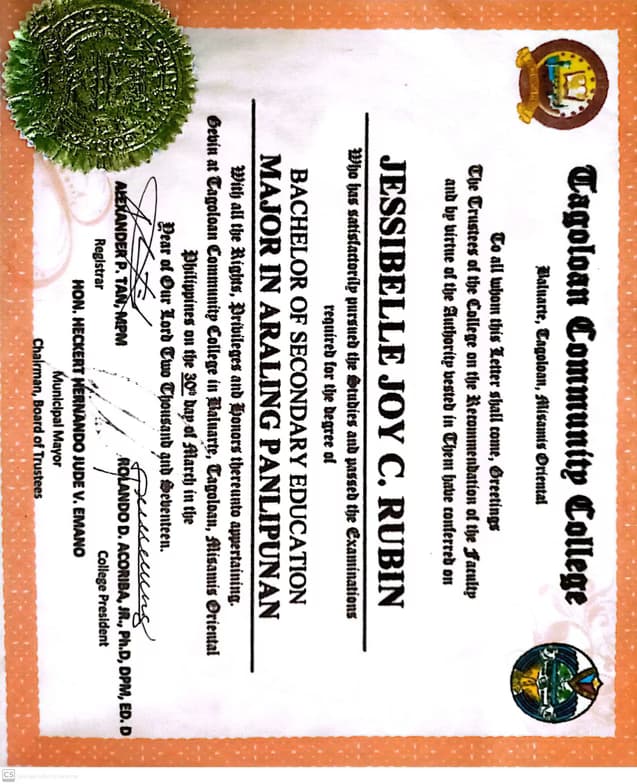 Verified degree or teaching certification of Jessibelle Joy  