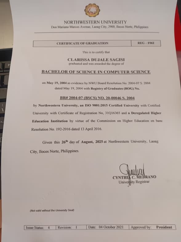 Verified degree or teaching certification of Clarissa 