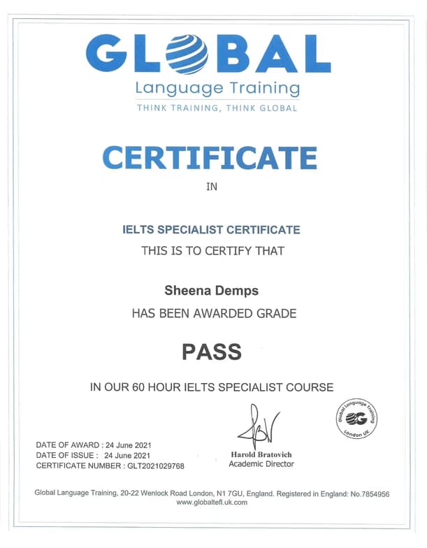 Verified degree or teaching certification of Sheena 