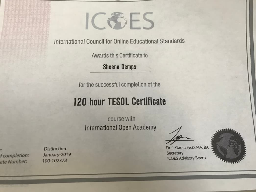 Verified degree or teaching certification of Sheena 