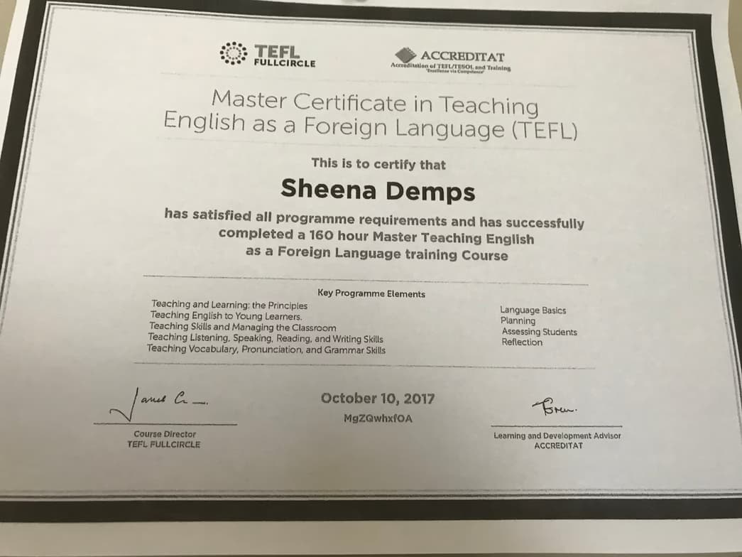 Verified degree or teaching certification of Sheena 