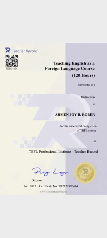 Verified degree or teaching certification of Armen Joy 