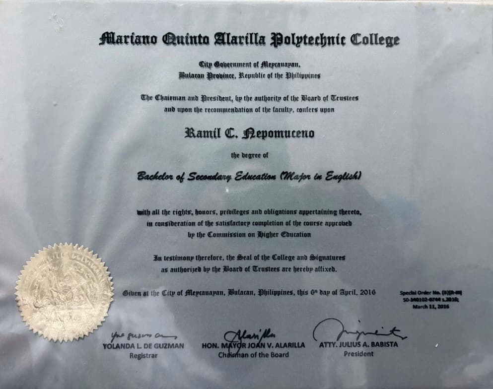 Verified degree or teaching certification of Ramil 