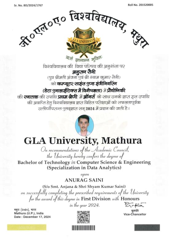 Verified degree or teaching certification of Anurag 