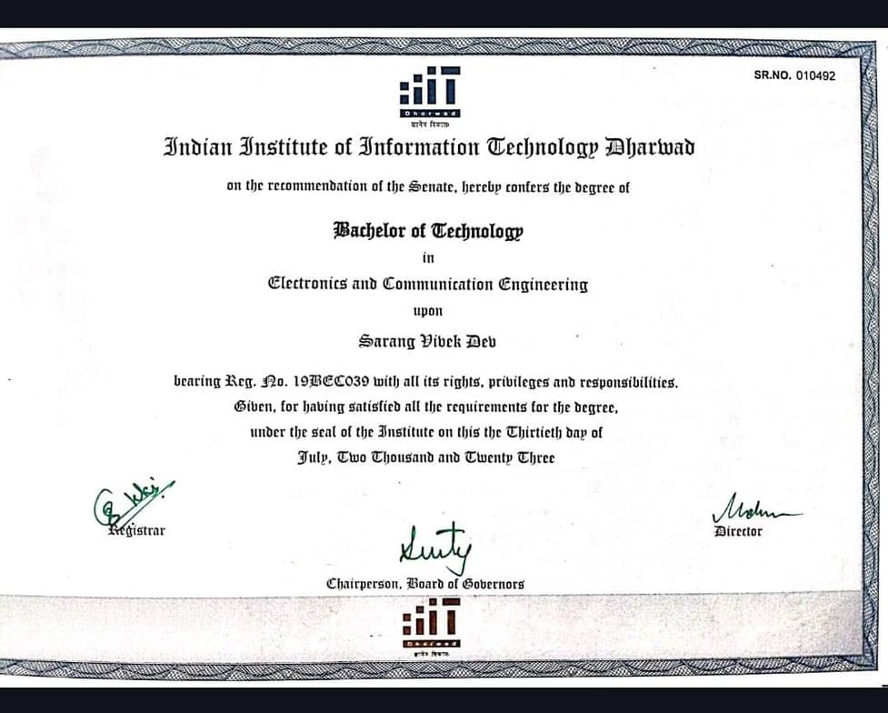 Verified degree or teaching certification of Sarang 