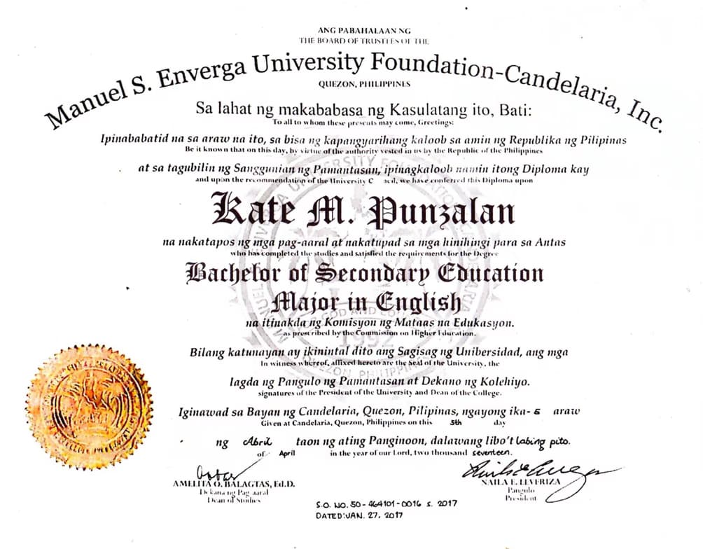 Verified degree or teaching certification of Kate 