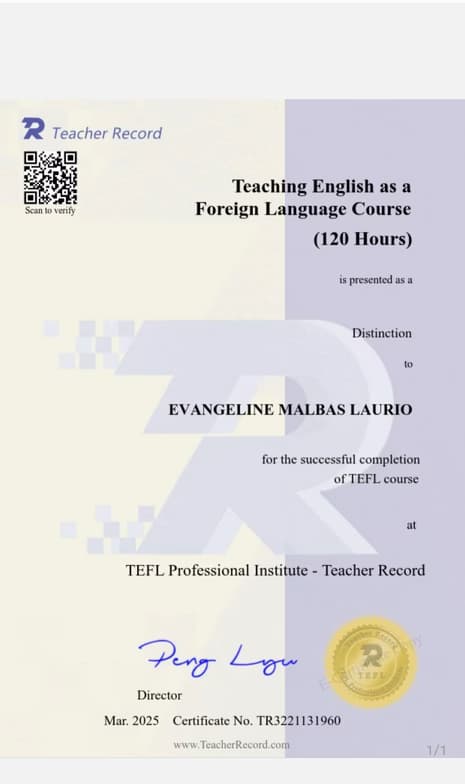 Verified degree or teaching certification of Evangeline 