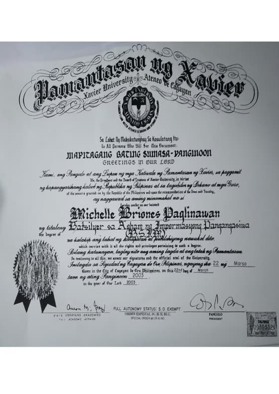 Verified degree or teaching certification of Michelle  