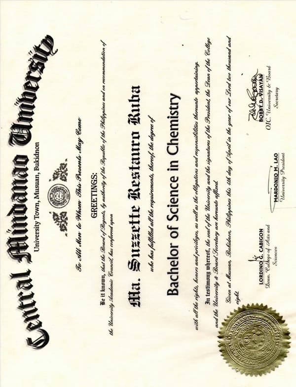 Verified degree or teaching certification of Ma Suzzette  