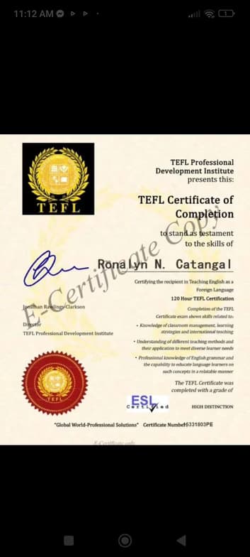 Verified degree or teaching certification of Ronalyn  