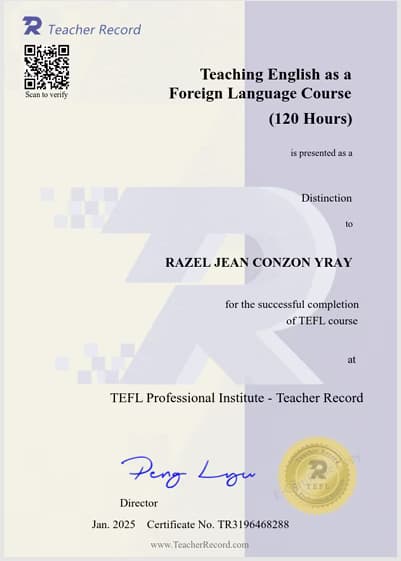 Verified degree or teaching certification of Razel Jean 