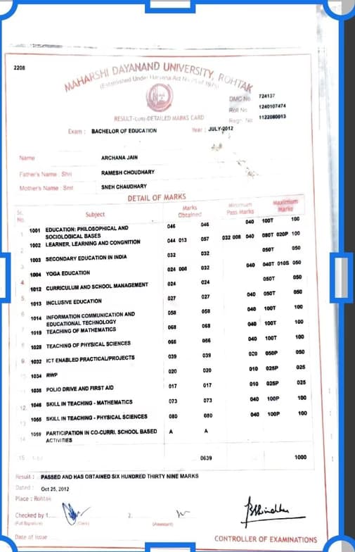 Verified degree or teaching certification of ARCHANA 