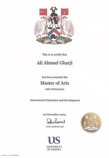 Verified degree or teaching certification of Ali 