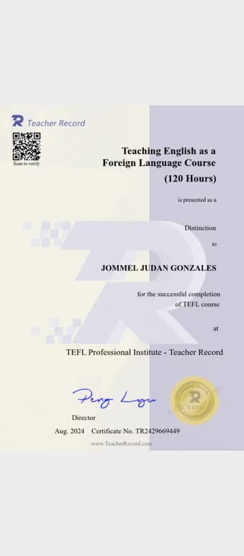 Verified degree or teaching certification of Jommel 