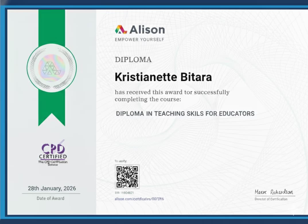 Verified degree or teaching certification of Kristianette 