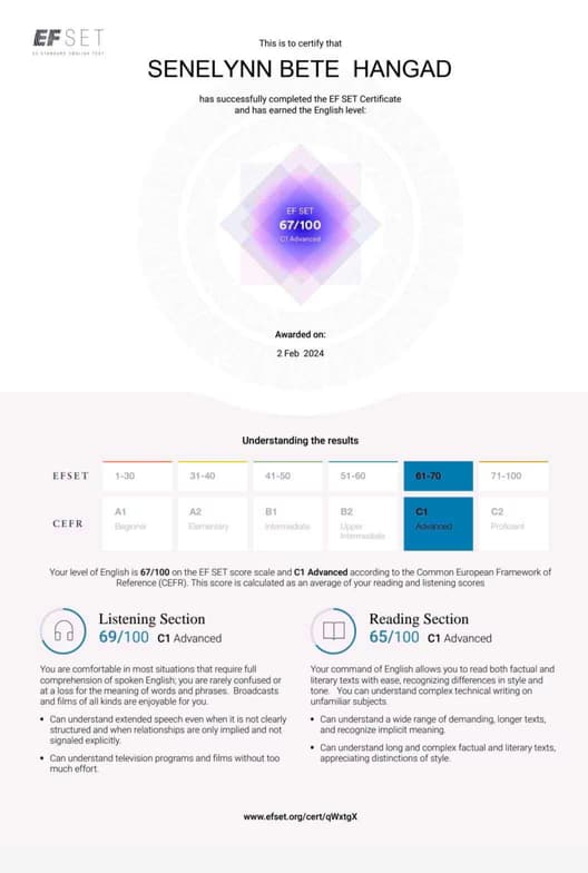 Verified degree or teaching certification of SENELYNN 