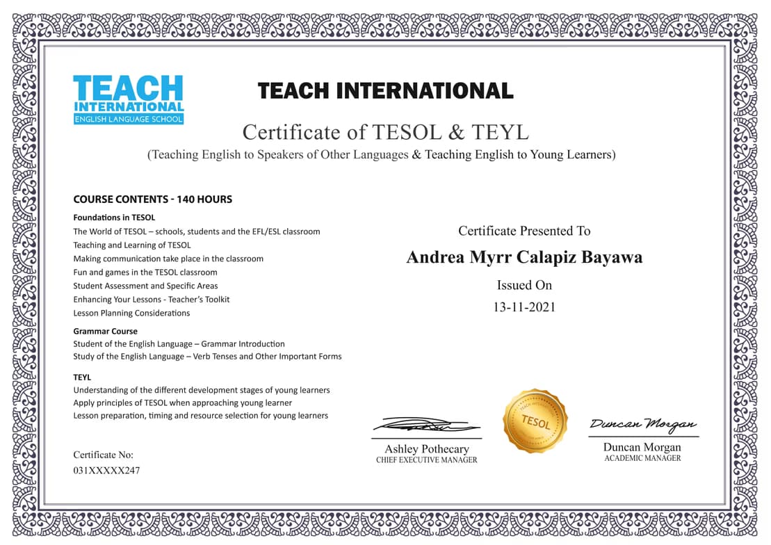 Verified degree or teaching certification of Andrea Myrr 