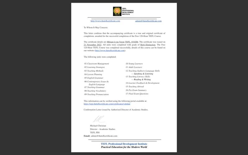 Verified degree or teaching certification of Miliani 