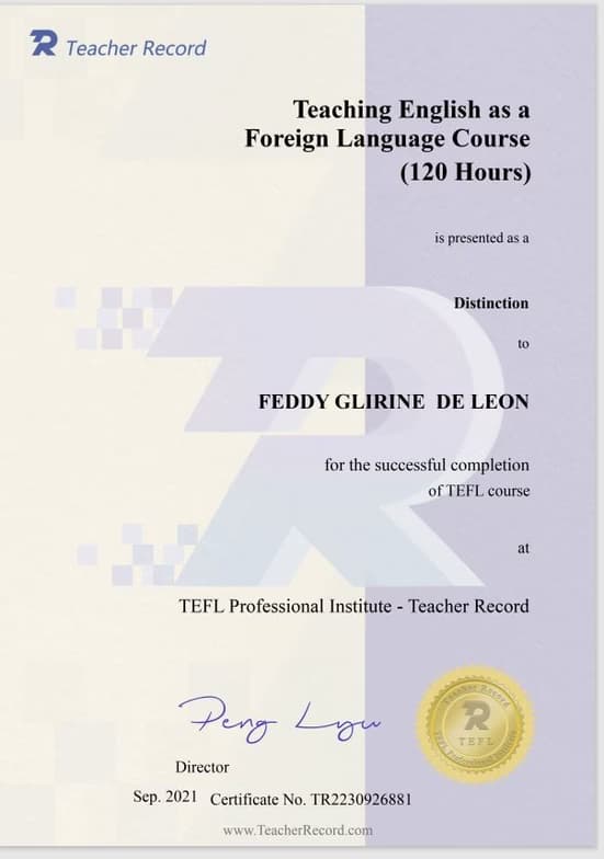Verified degree or teaching certification of Feddy Glirine  